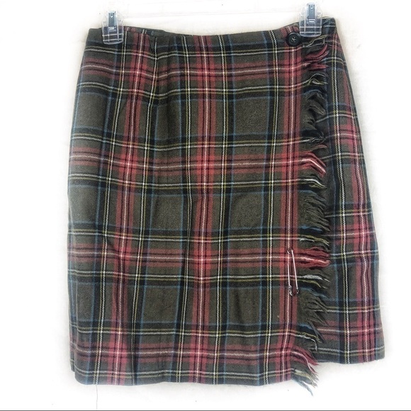 EUC-VINTAGE Rafaella Wool, Green/Orange Plaid, Fringe, Button Closure Wrap Skirt - Picture 1 of 8